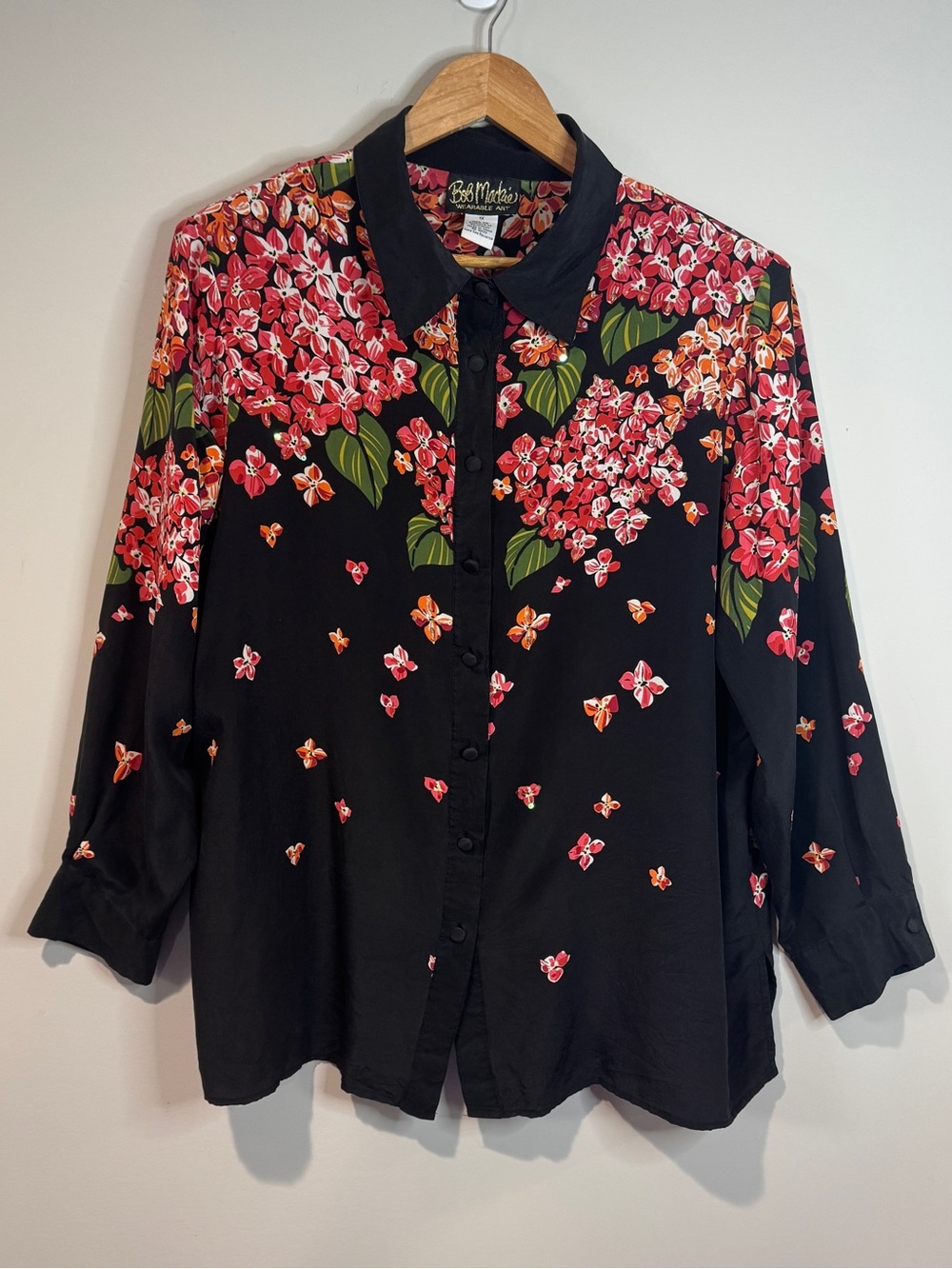 Bob Mackie Wearable Art 100% Silk Black Floral Beaded Sequin Button Up Blouse 1X